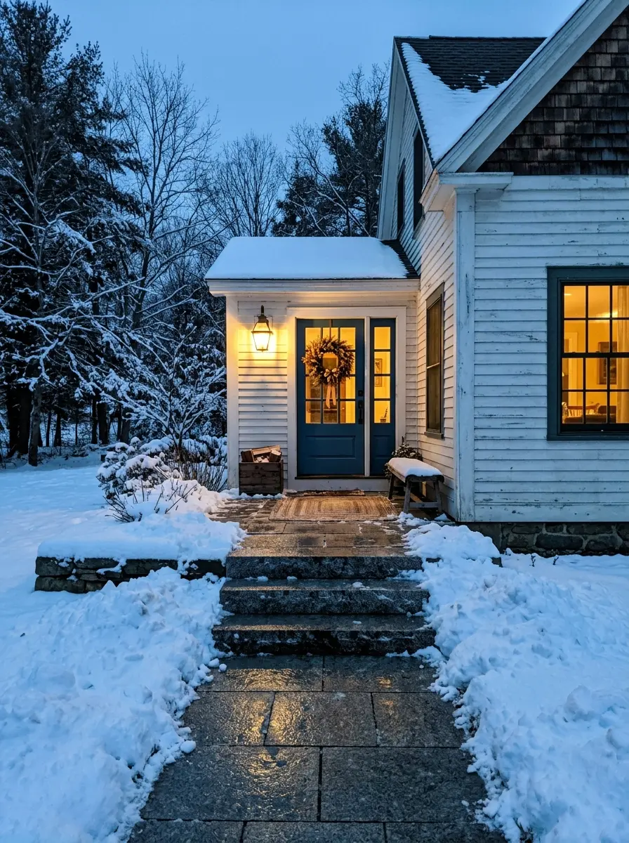 Neatly cleared granite front steps and walkway of a Maine home with a warm porch light at dusk