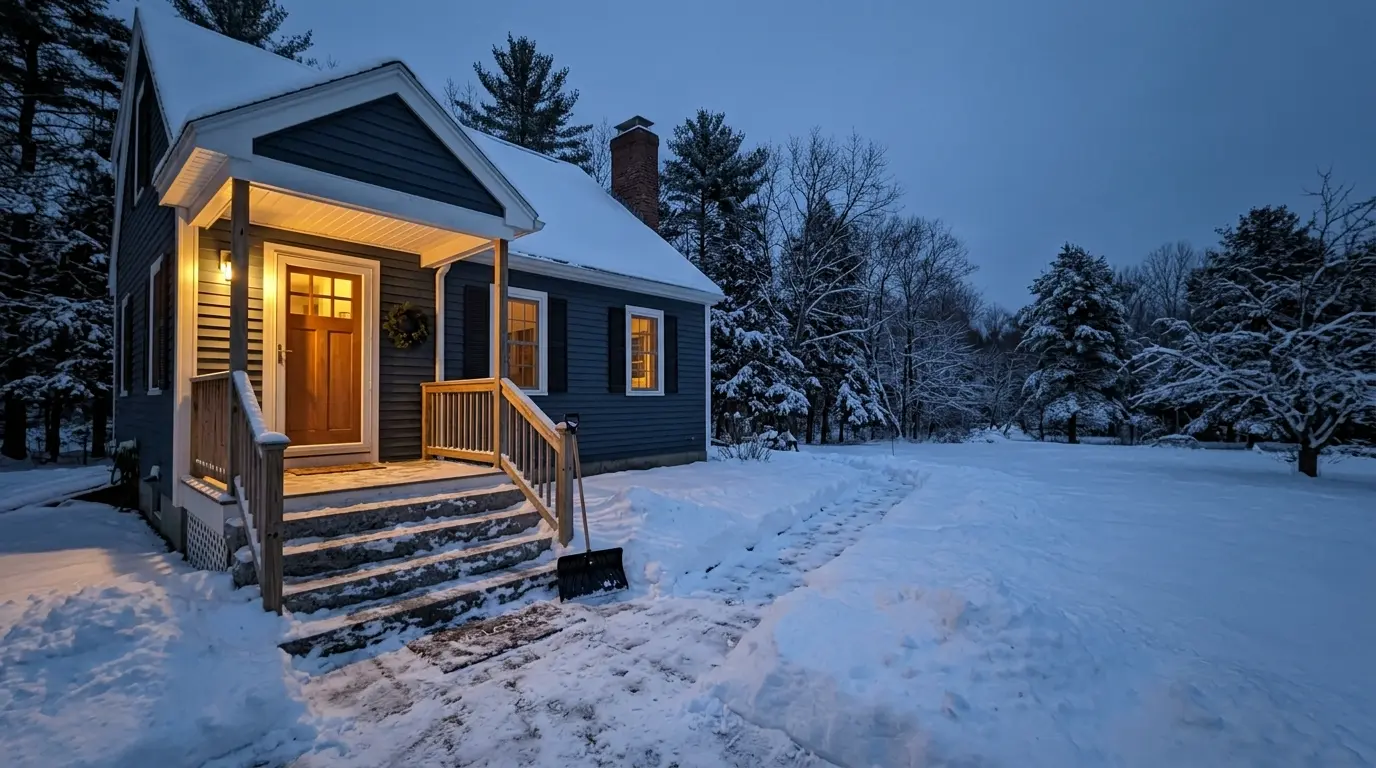 Freshly cleared granite front steps and walkway of a Maine home with a warm porch light glowing at dusk
